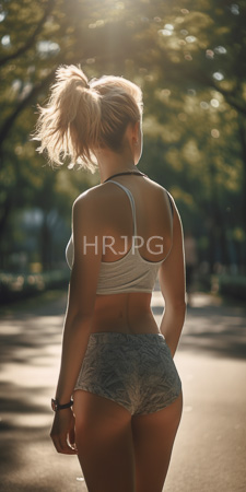 High Resolution: Athletic blonde woman hair in a ponytail facing away sunlit park path white sports bra gray lace-patterned shorts download. | HRJPG.com