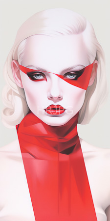 High Resolution: Androgynous pale-skinned person platinum blonde hair soft curls bold red makeup thick black eyeliner wings crimson lipstick download. | HRJPG.com