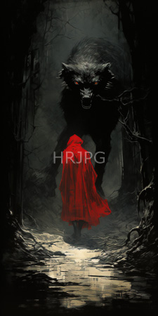 High Resolution: Little Red Riding Hood facing enormous menacing black wolf glowing red eyes dark forest path illuminated by moonlight download. | HRJPG.com