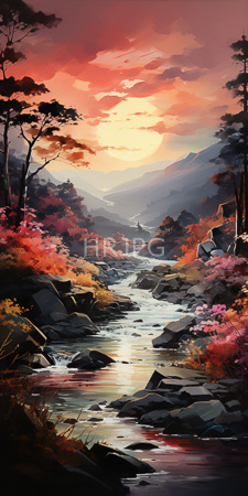 High Resolution: Enchanting mountain landscape at sunset rocky stream reflective water flowing through vibrant autumn foliage tall trees frame download. | HRJPG.com