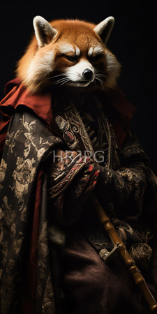 High Resolution: Anthropomorphic red panda closed eyes wearing ornate dark brown gold patterned robes draped over its shoulders holding bamboo sticks download. | HRJPG.com