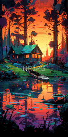 High Resolution: Idyllic colorful sunset scene small wooden cabin green roof nestled among tall trees reflective pond two rowboats rest download. | HRJPG.com