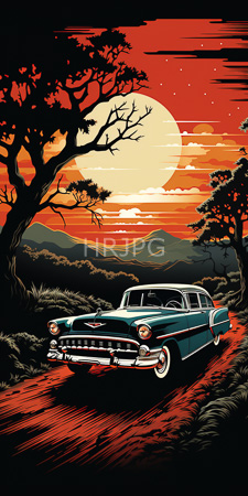 High Resolution: Old-fashioned teal-colored car driving on a red dirt road at sunset stylized art deco style silhouetted trees bare branches download. | HRJPG.com