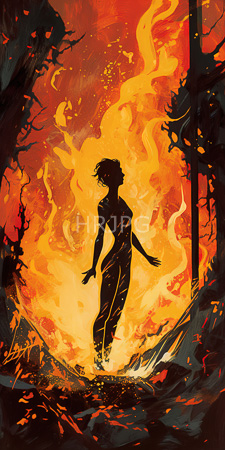High Resolution: Ethereal silhouetted female figure standing amidst intense flames vibrant orange yellow hues dominating the background short hair in motion download. | HRJPG.com