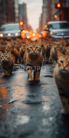 High Resolution: Urban street at dusk numerous tabby cats orange brown stripes walking in front of blurred city lights wet pavement download. | HRJPG.com