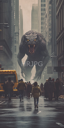 High Resolution: Urban street scene towering foggy skyscrapers rain-slicked pavement below massive black werewolf-like creature looms menacingly above pedestrians download. | HRJPG.com
