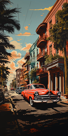High Resolution: Urban street at sunset vibrant buildings red blue with curved balconies potted plants classic bright orange vintage car download. | HRJPG.com