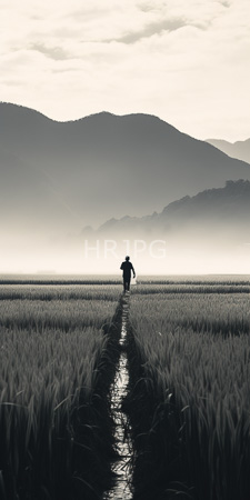 High Resolution: Black-and-white solitary figure walking down center path lush tall grass field towards mist-covered mountains dark clothing backpack download. | HRJPG.com