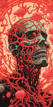 High Resolution: Emaciated greenish-gray skull prominent teeth hollow eyes enveloped in red viscous tendrils resembling blood or lava abstract spheres download. | HRJPG.com
