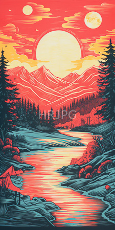 High Resolution: Vibrant stylized colors enchanting sunset over mountainous terrain red yellow hues dominating sky gradients winding river reflects download. | HRJPG.com