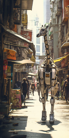 High Resolution: Urban street scene humanoid giraffe robot metallic segmented limbs and neck center foreground colorful shop signs bright sunlight download. | HRJPG.com