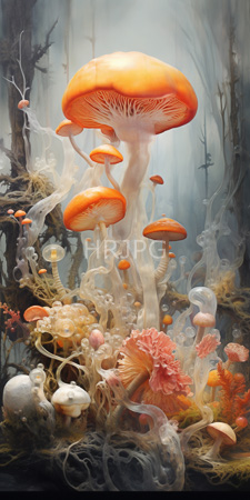 High Resolution: Ethereal forest scene tall vibrant orange mushrooms white gills standing amidst various smaller fungi delicate pink coral-like plants download. | HRJPG.com
