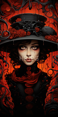 High Resolution: Ethereal woman pale skin large brown eyes red makeup marks resembling tears black crimson attire rose patterns on her hat download. | HRJPG.com