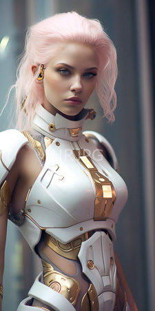High Resolution: Attractive pale-skinned woman pink hair wearing futuristic white gold armor accentuates her large breasts blue eyes golden earrings download. | HRJPG.com