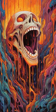 High Resolution: Eerie large skull open mouth exposed teeth dripping in vibrant orange-yellow goo fiery sunset background blue-purple tendrils download. | HRJPG.com