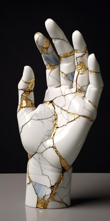 High Resolution: Intricately designed white marble-like hand sculpture gold blue veining patterns against a black background fingers slightly curled upward download. | HRJPG.com