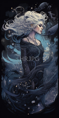 High Resolution: Ethereal pale-skinned woman flowing white hair pointed elf-like ears profile view dark blue background swirling patterns mist bubbles download. | HRJPG.com