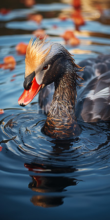 High Resolution: American coot striking orange bill spiky golden-brown crest swimming in calm water dark gray feathers glisten blurred autumn leaves download. | HRJPG.com