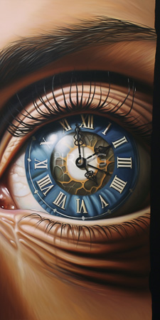 High Resolution: Eye with detailed realistic textures shading inside the pupil is intricately designed clock face Roman numerals blue background download. | HRJPG.com