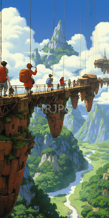 High Resolution: Aerial suspension bridge connecting two cliffside islands vibrant green valleys mountain peaks below blue skies travelers in red robes download. | HRJPG.com