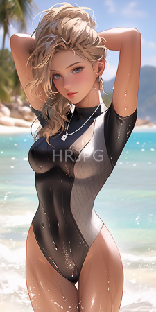 High Resolution: Attractive blonde woman wavy hair blue eyes standing on a sunny beach clear water tight black-and-silver grid-patterned one-piece swimsuit download. | HRJPG.com