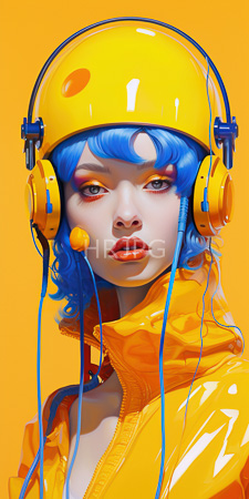 High Resolution: Androgynous person pale skin blue wavy hair wearing bright yellow headphones matching glossy hooded jacket vibrant orange background download. | HRJPG.com