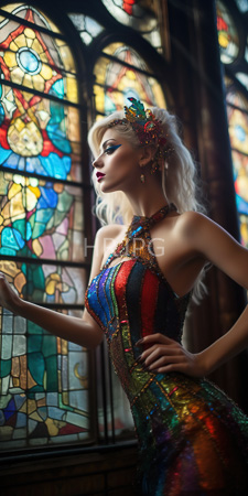 High Resolution: Elegant blonde woman wavy hair colorful sequined dress adorned in rainbow hues glittery textures red lipstick sparkled floral headpiece download. | HRJPG.com