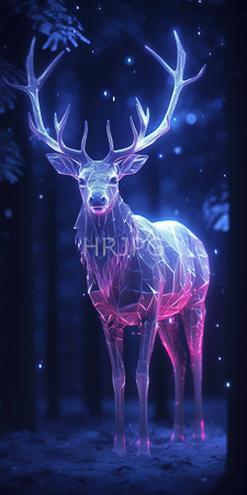 High Resolution: Ethereal glowing deer intricate polygonal patterns shades of blue pink standing amidst a dark forest at night large antlers download. | HRJPG.com