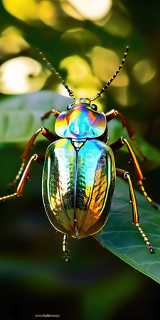 High Resolution: Iridescent beetle vibrant multicolored exoskeleton blue-green-yellow on green leaf blurred foliage yellow dark greens bokeh effect download. | HRJPG.com