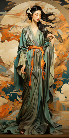High Resolution: Asian woman long black hair flowing green kimono tied with orange ribbons eyes closed expression serene vibrant abstract background download. | HRJPG.com