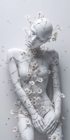 High Resolution: Elegant white mannequin smooth texture minimalist features standing against a plain gray background delicate branches intertwining across its body download. | HRJPG.com