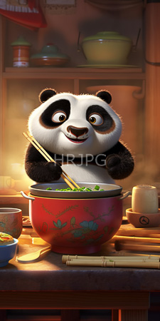 High Resolution: Adorable chubby panda black white fur cooking in a warm kitchen setting at night holds chopsticks over steaming green vegetables download. | HRJPG.com