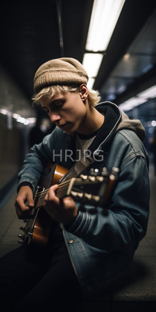 High Resolution: Young Caucasian man blonde hair wearing beanie blue denim jacket black hoodie seated on subway platform playing acoustic guitar download. | HRJPG.com
