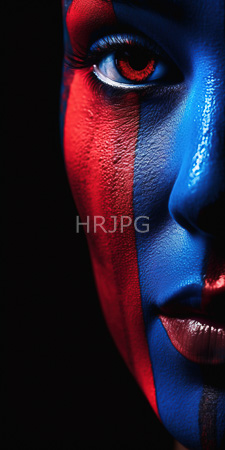 High Resolution: Close-up individual's face painted with bold red blue stripes covering their skin against a black background striking dark eyes download. | HRJPG.com