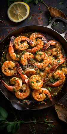 High Resolution: Shrimp in a black cast-iron skillet garnished with chopped parsley red pepper flakes orange-red shrimps have curled tails download. | HRJPG.com