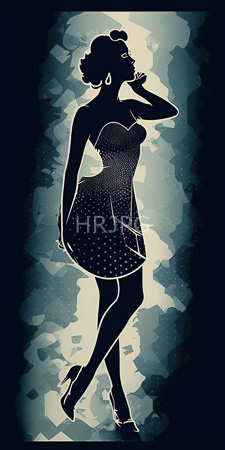 High Resolution: Silhouette of an elegant woman in vintage-style strapless polka-dot dress high heels abstract blue-green background poses with one hand download. | HRJPG.com