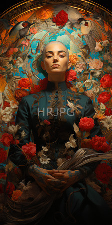 High Resolution: Ethereal woman light skin shaved head wearing ornate teal dress adorned in floral patterns vibrant red roses white lilies download. | HRJPG.com