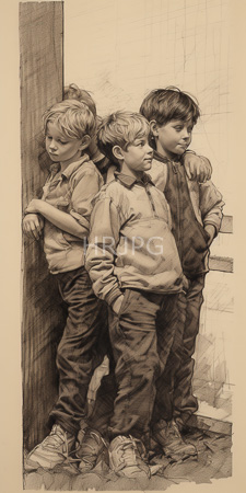 High Resolution: Sepia-toned pencil drawing three young boys standing back-to-back against an outdoor wooden structure hands in pockets casual clothing download. | HRJPG.com