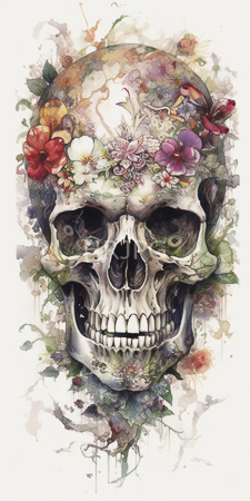 High Resolution: Intricate digital watercolor illustration human skull adorned with vibrant detailed flowers red hibiscus purple lilies at its crown download. | HRJPG.com