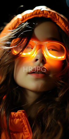 High Resolution: Asian girl wavy brown hair wearing orange glowing goggles matching hooded jacket dark background lips slightly parted download. | HRJPG.com