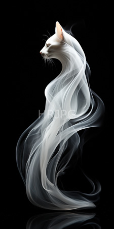 High Resolution: Ethereal white cat sleek fur pointed ears standing against a black background partially enveloped in flowing smoke-like wisps download. | HRJPG.com
