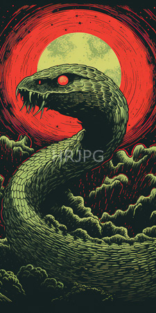 High Resolution: Enormous green-scaled serpent red eyes sharp fangs coiling through dark clouds against a vivid orange-red full moon night sky download. | HRJPG.com