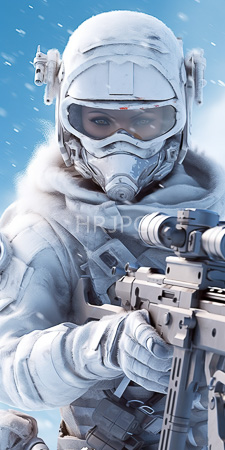 High Resolution: Armored soldier white winter gear helmet with visor and gas mask holding a sniper rifle snowy background clear blue sky download. | HRJPG.com