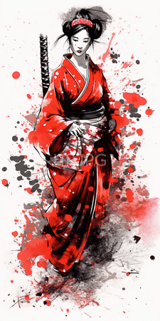 High Resolution: Elegant Asian woman traditional red kimono black obi standing confidently against splattered ink paint background dark hair styled up download. | HRJPG.com