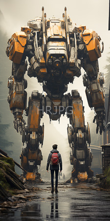 High Resolution: Imposing yellow gray mecha robot towering over lone figure short brown hair wearing glasses black pants blue jacket download. | HRJPG.com
