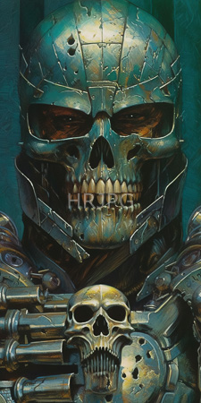 High Resolution: Intimidating cracked metallic skull dark eyes sharp teeth holding another smaller skeleton's head in its armored hand teal background download. | HRJPG.com