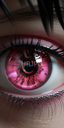 High Resolution: Hyper-realistic CGI close-up of an eye vivid pink irises intricate black circuit-like patterns reflective light effects long dark eyelashes download. | HRJPG.com