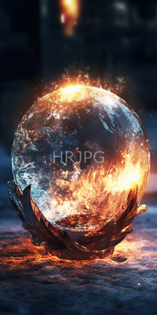 High Resolution: Illuminated glowing glass globe depicting Earth fiery orange yellow light effects around its equator rests on textured metallic hands download. | HRJPG.com