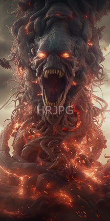 High Resolution: Enormous terrifying monster dark gray skin glowing red eyes mouth wide open exhales fiery orange embers twisted form download. | HRJPG.com