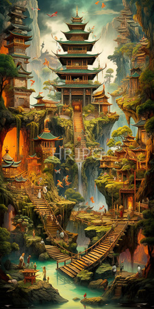 High Resolution: Intricate fantastical ancient Asian village nestled among towering cliffs and waterfalls lush greenery grand pagoda-like building elevated terrain download. | HRJPG.com